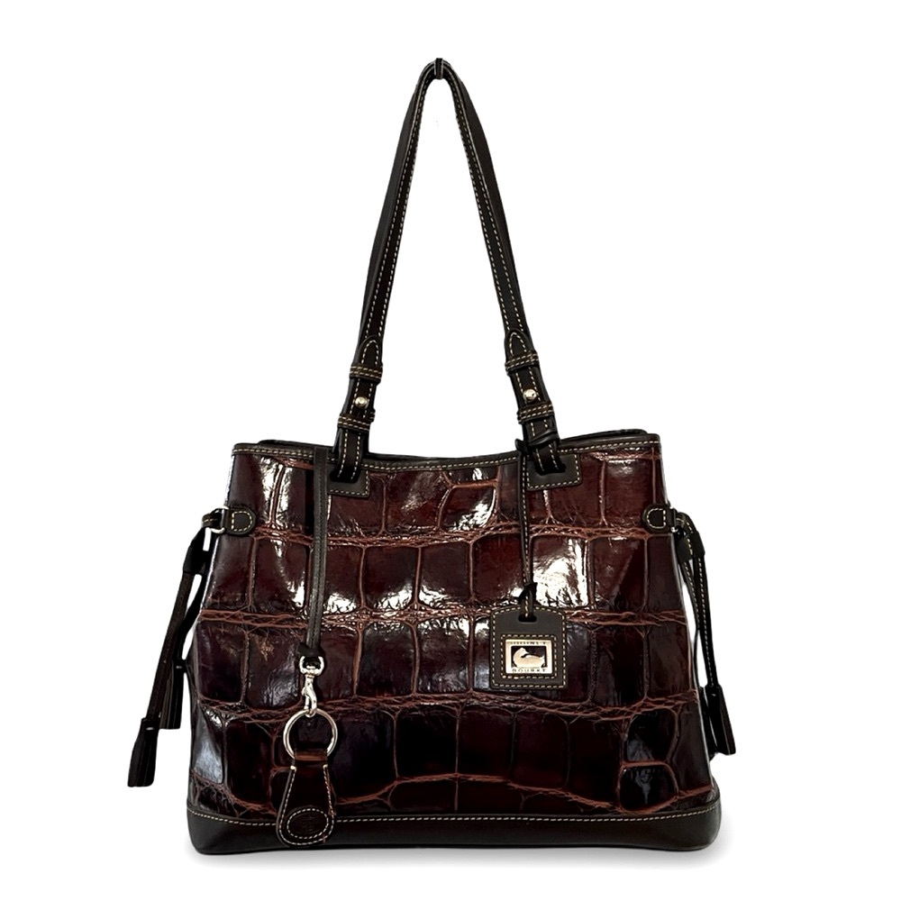 Dooney & Bourke Croco Embossed Genuine Leather Double Strap Tassel Bag Satchel - Picture 2 of 14